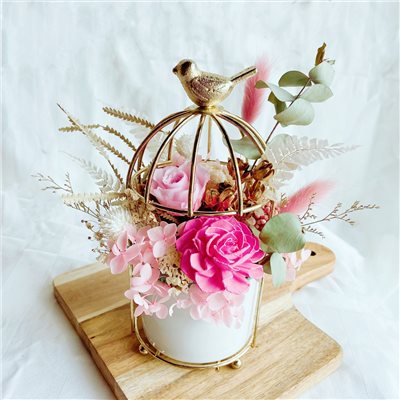 金屬鳥籠造型 永生花+乾燥花擴香桌上花禮 
